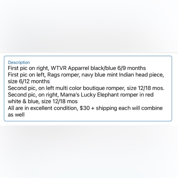 Boutique Rompers size 6/9, 6/12 and 12/18 mos. All excellent condition - Picture 3 of 3